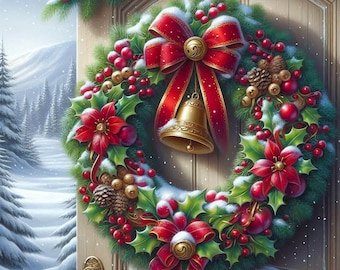 Christmas Wreath Cross Stitch Pattern, Xmas Bell Snow (PDF download)