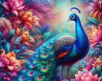 Peacock and Flowers Cross Stitch Pattern, Full Coverage (PDF Download)