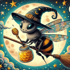 Honey Witch Bee Cross Stitch Pattern, Flying Broomstick, Stars (PDF Download)