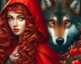 Red Riding Hood and Wolf Cross Stitch Pattern, Full Coverage (PDF Download)