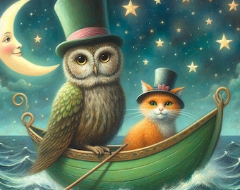 Owl and Pussycat Cross Stitch Pattern, Story Boat Sea (PDF Instant Download)