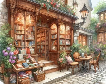 Bookshop Cross Stitch Pattern, PDF Instant Download, Full Coverage, Quaint Books Reading Street Counted X Stitch Pattern