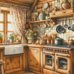 Patrón de punto de cruz para cocina rústica, descarga instantánea en PDF, cobertura completa, patrón de punto X contado, acogedor y cálido, bordado a mano