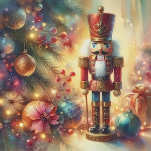 May include: A watercolour painting of a Christmas scene featuring a decorative nutcracker soldier. The nutcracker is dressed in a red and gold uniform, standing next to a decorated Christmas tree with baubles and a wrapped gift.