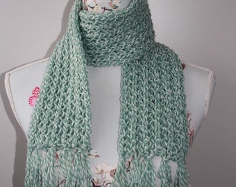 Child's Green and White Scarf, Hand Knitted