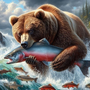 May include: A large brown bear with a salmon in its mouth, the bear is standing in a rushing river with other salmon swimming around it.