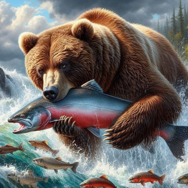 Ours grizzli attrapant un saumon, motif point de croix, téléchargement immédiat PDF, couverture complète, motif de point X compté nature animal sauvage