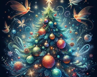Magical Christmas Tree Cross Stitch Pattern, PDF Instant Download, Full Coverage, Fairies Lights Magic Xmas Counted X Stitch Pattern
