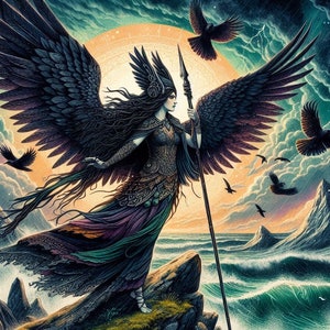 Puede incluir: Una pintura digital de una mujer con alas negras, una lanza y un casco con cuernos. Ella está de pie en un acantilado rocoso con vistas a un mar tormentoso. El cielo está lleno de nubes oscuras y cuervos.