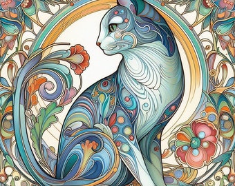 Art Nouveau Cat Cross Stitch Pattern, PDF Instant Download, Full Coverage, Counted X Stitch Pattern, Hand Embroidery Pattern