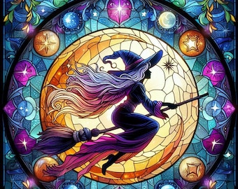 Witch Glass Stained Window Cross Stitch Pattern, PDF Instant Download, Full Coverage, Halloween Flying Counted X Stitch Pattern