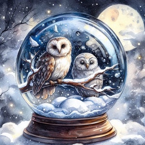 May include: Two white owls perched on a branch inside a glass snow globe. The snow globe is sitting on a wooden base against a dark blue background with white stars.
