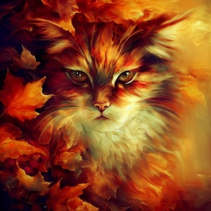 Puede incluir: Un primer plano de la cara de un gato con pelaje naranja y marrón. El gato está rodeado de hojas de otoño en tonos naranja, rojo y amarillo.