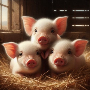 Könnte beinhalten: Drei entzückende Ferkel kuscheln in einem Heubett. Die Ferkel haben rosa Ohren und Schnauzen und ein weiches, weißes Fell. Das Bild ist in einem rustikalen Scheunenambiente mit natürlichem Licht aufgenommen.