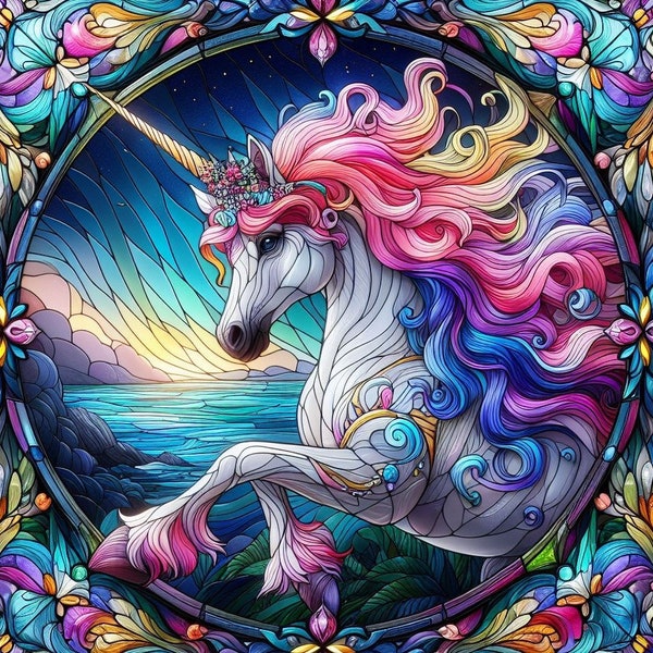 Unicorn Glass Stained Window Cross Stitch Pattern, PDF Instant Download, Fantasy Mythical Horse Counted X Stitch Pattern, Hand Embroidery