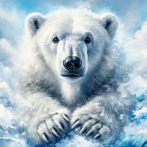 Op de afbeelding: Een close-up van een witte ijsbeer met zijn poten rustend op een blauw en wit ijzig oppervlak. De vacht van de beer is zacht en pluche, en zijn ogen zijn donker en doordringend.