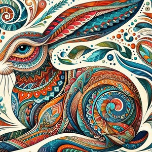 Pode incluir: Uma ilustração colorida e intrincada de um coelho com um design estampado em azul, vermelho e laranja. O coelho é rodeado por padrões florais em espiral.