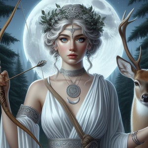 May include: A woman with long white hair and a silver crown stands in a forest with a bow and arrow. She is wearing a white dress and silver jewelry. A deer stands beside her.