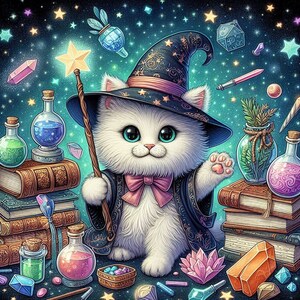 May include: A white cat wearing a black and purple witch hat with a pink bow tie. The cat is surrounded by books, crystals, and other magical items.