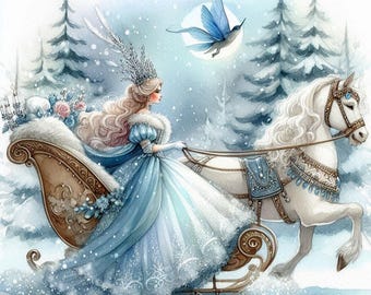 Snow Queen on a Sleigh Cross Stitch Pattern, PDF Instant Download, Full Coverage, Winter Magical Fantasy Forest Counted X Stitch Pattern