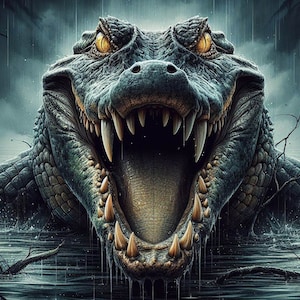 May include: A close-up of a large alligator with its mouth open wide, revealing sharp teeth. The alligator is in a dark, murky water with rain falling around it. The alligator's eyes are bright yellow and menacing.