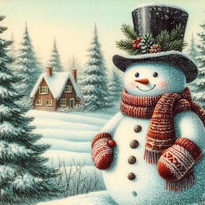 May include: A smiling snowman wearing a black top hat with a green garland, red berries, and pine cones. The snowman is wearing a red and white striped scarf and red mittens. The snowman is standing in a snowy winter scene with a small wooden house in the background.