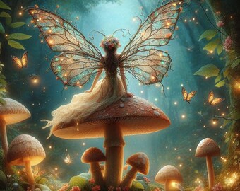 Fairy on Toadstool Cross Stitch Pattern, Magical Wings (PDF Instant Download).