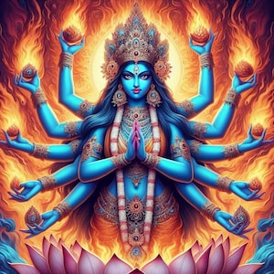 Può includere: Una divinità dalla pelle blu con più braccia, adornata con gioielli d'oro e una corona, siede su un fiore di loto. La divinità ha un'espressione feroce e tiene vari oggetti in ogni mano, tra cui fiamme e fiori. Lo sfondo è di un arancione e giallo fiammeggiante.