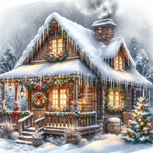 May include: A cozy wooden cabin covered in snow with a snowy roof, decorated with Christmas lights and garlands. The cabin has a porch with a wooden railing and a front door with a wreath. There is a Christmas tree in front of the cabin.