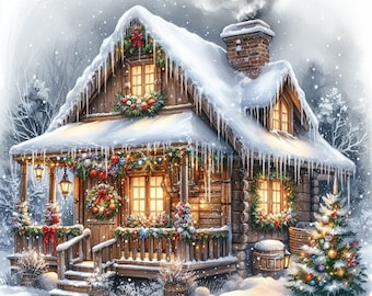 Schema punto croce casa di Natale, PDF download immediato, copertura completa, schema punto croce contato X inverno neve baita di Natale