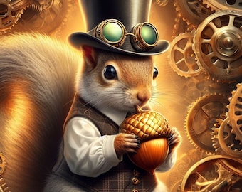Steampunk Squirrel Cross Stitch Pattern, Modern Animal Art (PDF Download)