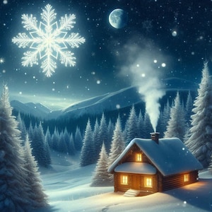 Snowy Landscape with Snowflake Cross Stitch Pattern, PDF Instant Download, Full Coverage, Log Cabin Forest Mountain Counted X Stitch Pattern