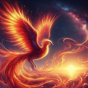 May include: A fiery phoenix illustration with vibrant orange and red feathers, soaring against a backdrop of a starry night sky and a glowing sunset. The artwork depicts the mythical bird in flight, with flames and light trails.