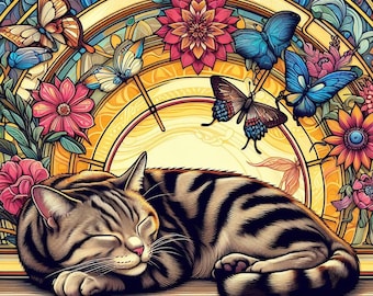 May include: A tabby cat with brown and white stripes sleeps on a colorful background with stained glass designs and butterflies. The cat's eyes are closed and its paws are tucked under its body.