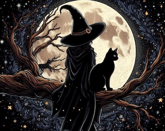 Strega e gatto nero al chiaro di luna, schema punto croce, PDF download immediato, copertura completa, schema punto croce contato notte magica di Halloween