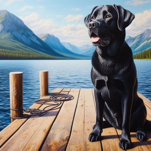 May include: A black Labrador Retriever dog sits on a wooden dock overlooking a lake. The dog is looking to the left of the frame. The lake is surrounded by mountains and trees.