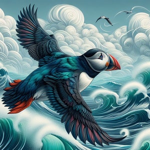 Puffin Flying Cross Stitch Pattern, PDF Instant Download, Full Coverage, Sea Bird Flight Feathers Counted X Stitch Pattern, Hand Embroidery