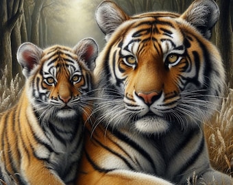 Tiger and Cub Cross Stitch Pattern, PDF Instant Download, Full Coverage, Animal Big Cats Counted X Stitch Pattern