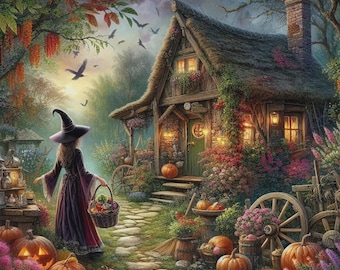 Witch's Cottage Cross Stitch Pattern, PDF Instant Download, Full Coverage, Countryside Rustic Nature Pumpkins Counted X Stitch Pattern