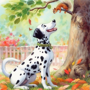 Dalmatian Dog Playing with a Red Squirrel Cross Stitch Pattern, PDF Instant Download, Cute Art X Stitch, Full Coverage, Counted Cross Stitch