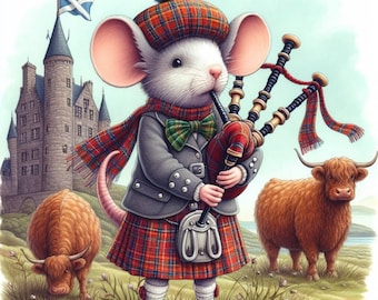 Scottish Highland Mouse Cross Stitch Pattern, PDF Instant Download, Full Coverage, Bagpipes Highland Cows Tartan Counted X Stitch Pattern