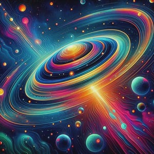 Pode incluir: Uma vibrante obra de arte digital abstrata que retrata uma galáxia colorida. Bandas giratórias de azul, laranja, rosa e amarelo formam um vórtice central, rodeado por planetas e estrelas. A obra de arte evoca uma sensação de admiração cósmica.