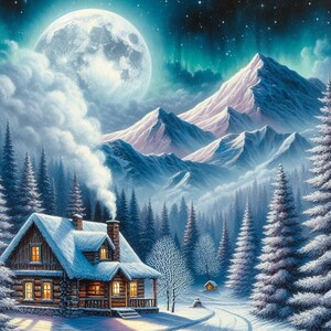 May include: A cozy cabin with snow-covered roof sits in a snowy forest with tall pine trees. The cabin has a warm glow from the windows and smoke rising from the chimney. A full moon shines brightly in the night sky above a mountain range with a green aurora borealis.