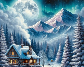 Winter Landscape Scene and Moon Cross Stitch Pattern, PDF Instant Download, Full Coverage, Cabin Hut Snow Mountains Counted X Stitch Pattern