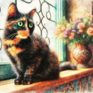 May include: A tortoiseshell cat with green eyes sits on a windowsill, looking out the window. A vase of flowers sits on the windowsill behind the cat.