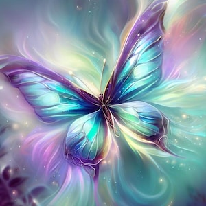 May include: A vibrant blue butterfly with purple accents, set against a background of swirling purple, blue, and green hues. The butterfly's wings are translucent and shimmer with light.