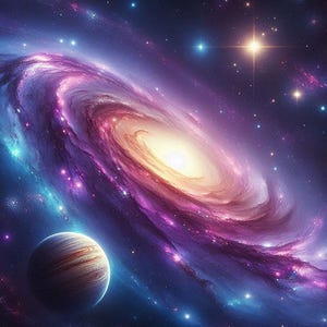 May include: A swirling galaxy with a bright yellow center, surrounded by a purple and blue nebula. A large, striped planet is visible in the foreground.