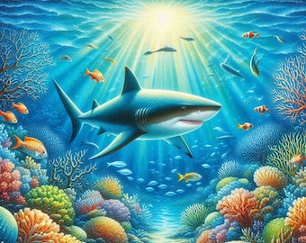 Schema per punto croce di squalo, PDF, download immediato, copertura completa, mammifero marino oceanico, schema a punto croce contato, schema per ricamo a mano