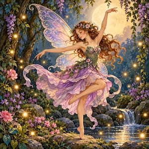 May include: A fairy with long wavy brown hair and large translucent iridescent wings wears a purple and green floral dress. The figure dances near a flowing stream, surrounded by pink flowers, hanging wisteria, and glowing golden lights.