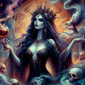 May include: A dark-haired woman with a crown and dark clothing holds a goblet of red liquid. She is surrounded by swirling smoke and skulls. The background is a dark, swirling sky with stars.